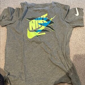 Nike Kids Gray Tee with Neon Blue and Yellow Logo